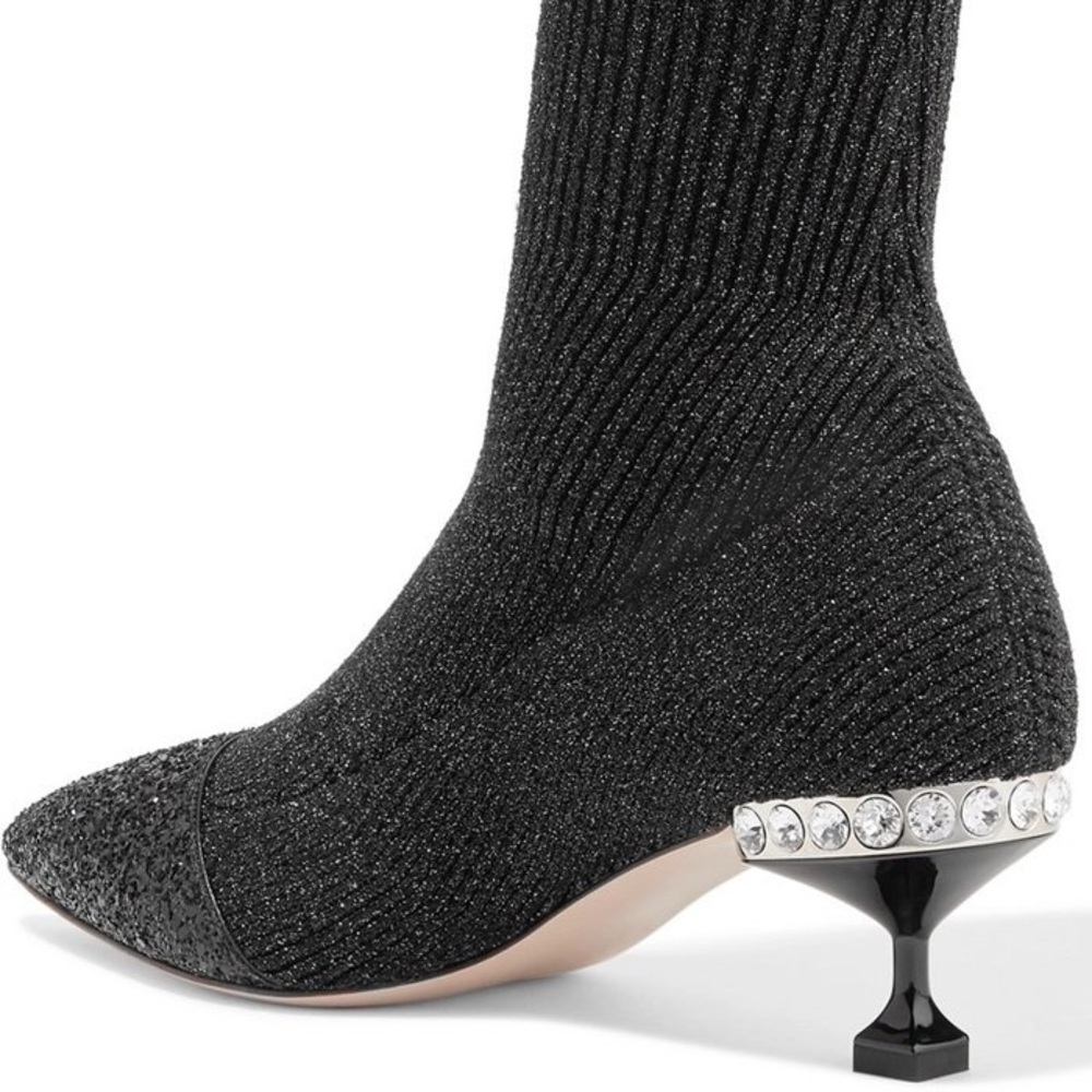 Miu Miu Black Glitter Sock Ankle Boots with Jeweled Heel
